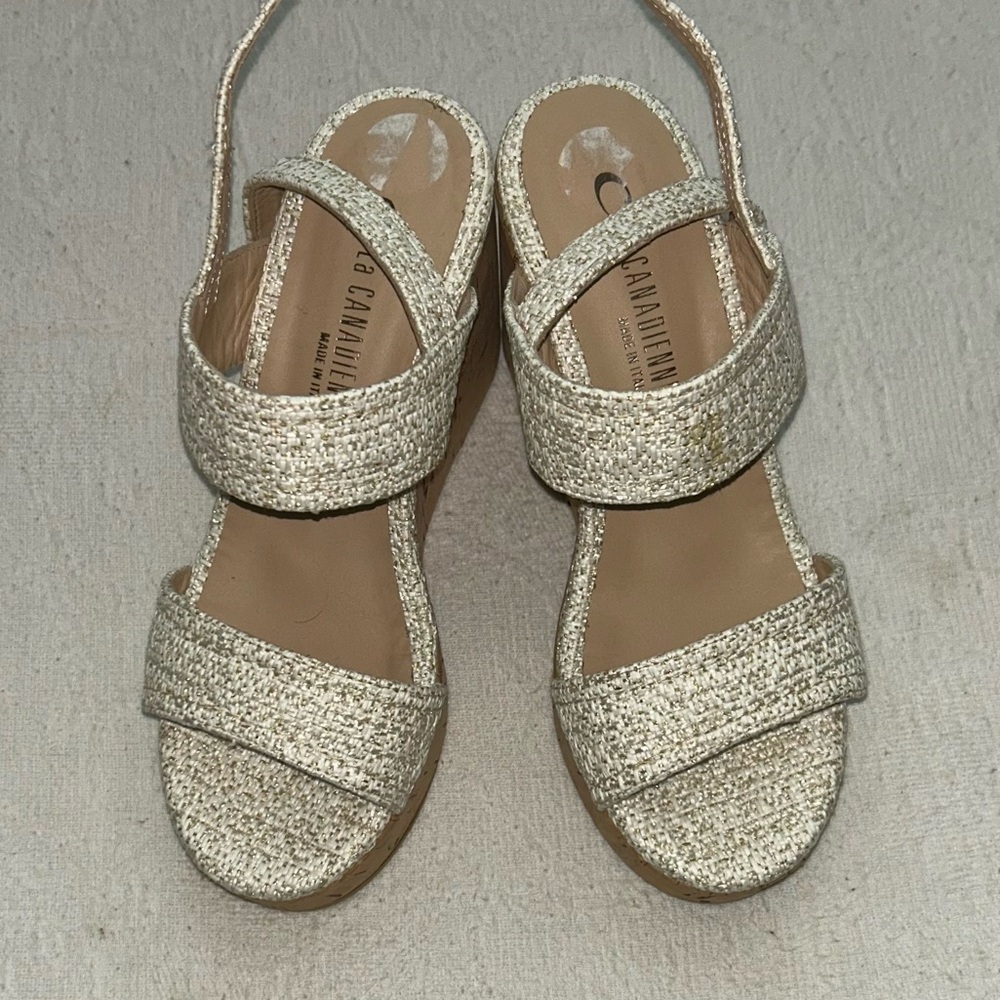 C la canadidienne Platform Beige Strappy Cork Heel Wedges